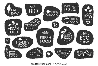 Black of eco label set. Glyph template sign natural food for packaging and sticker. Design logo with leaves and text for tag of organic fresh, healthy bio product Isolated on white vector illustration