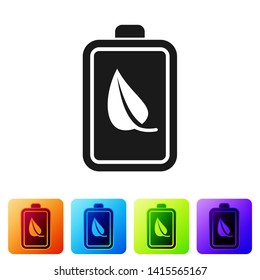 Black Eco nature leaf and battery icon isolated on white background. Energy based on ecology saving concept. Set icon in color square buttons. Vector Illustration
