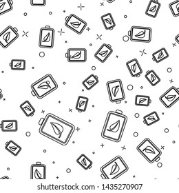 Black Eco nature leaf and battery line icon isolated seamless pattern on white background. Energy based on ecology saving concept. Vector Illustration