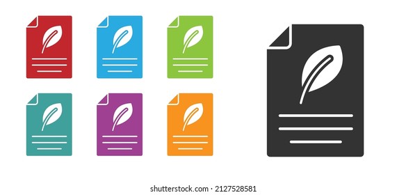 Schwarzes Eco-Papier mit Blattsymbol einzeln auf weißem Hintergrund. Geeignet für Geschäfts-, Bildungs- und Naturfreunde. Stellen Sie die Symbole bunt ein. Vektorgrafik