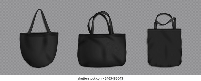 Black eco tote shopper bag mockup. Fabric template with reusable cotton shopping totebag set. 3d realistic blank textile sack with handle mock up for corporate design and advertising collection