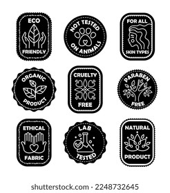 Black ecology label set. Collection of graphic elements for website. Natural and organic product, ethical business and production. Cartoon flat vector illustrations isolated on white background
