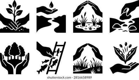 Black Ecosystem and Habitat Conservation Icon Set Featuring Plant Care, Water Resource, Wetland, Forest, and Fish Pass