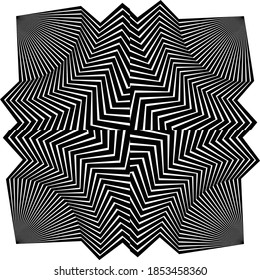 Black edgy, distorted lines composition. Zig-zag radiating stripes. Optical illusion. Monochrome illustration. Decorative jagged linear elements. Modern print, poster. Abstract psychedelic art.