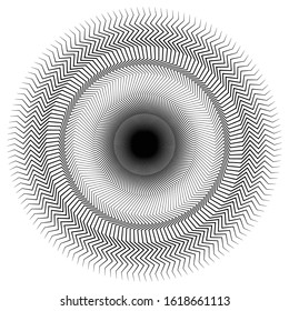 Black edgy, distorted lines in radial composition isolated on white background. Zig-zag radiating stripes. Monochrome starburst. Jagged spiral element. Modern poster. Abstract psychedelic art.