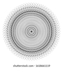 Black edgy, distorted lines in radial composition isolated on white background. Jagged radiating stripes. Monochrome starburst. Decorative spiral element. Modern poster. Abstract psychedelic art.