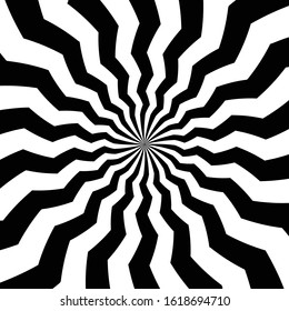 Black edgy, distorted lines in radial composition. Zig-zag radiating stripes. Optical illusion. Monochrome starburst. Decorative jagged spiral element. Modern print, poster. Abstract psychedelic art.