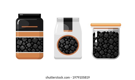 Black edible salt in packaging and kitchen food storage container. Set of vector colorful illustrations isolated on white background
