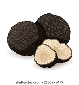 Black edible winter truffle isolated on a  white background. Vector illustration.