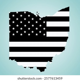 Black edition Ohio map vector silhouette illustration. United States of America flag over Ohio map. USA, American national symbol of pride and patriotism. Vote election campaign banner.