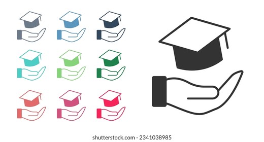 Icono de beca de Educación Negra aislado en fondo blanco. Tasa de matrícula, educación financiera, fondo de presupuesto, programa de becas, sombrero de graduación. Indique los iconos en colores. Vector