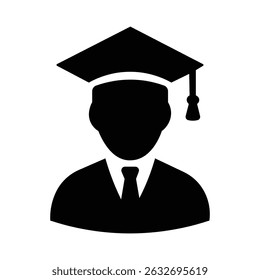 Black education icon showing a graduation cap on a globe, representing global education, online learning, academic success, and international studies.