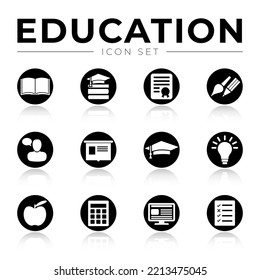 Black Education School Icon Set With Reflection