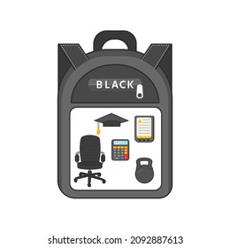 Black. Educational Activity worksheet for kids. Different objects in black color. Pack your backpack. School theme. Template for playing with stickers or Velcro