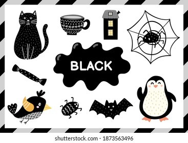 Black. Educational worksheet for kids. Learning the color black set. Activity page with main color for toddlers. Vector illustration