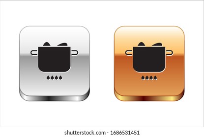 Black Egg in hot pot icon isolated on white background. Boiled egg. Happy Easter. Silver-gold square button. Vector Illustration