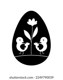 Black egg silhouette. Two birds or chickens near flower. Flora and fauna, wild life. Graphic element for printing on fabric. Minimalistic creativity and art. Cartoon flat vector illustration