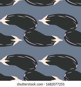 Black eggplants seamless pattern on gray background. Ripe aubergines wallpaper. Design for fabric, textile print, wrapping paper, textile, cover. Vector illustration