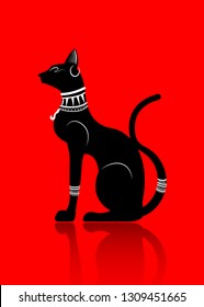 Black Egyptian cat. Bastet, ancient Egypt goddess, statue profile with Pharaonic jewelry, vector Illustration isolated or red  background 