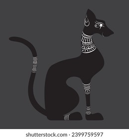 Black egyptian cat shape silhouette sitting on grey background. Isolated icon. Vector illustration.