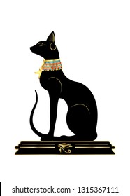 Black Egyptian cat statue. Bastet, ancient Egypt goddess, sculpture profile with Pharaonic gold jewelry and precious stones, vector Illustration isolated or white background 