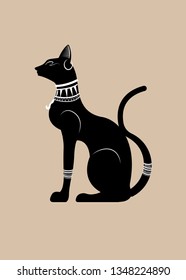 Black Egyptian cat statue. Bastet, ancient Egypt goddess, sculpture profile with Pharaonic jewelry and precious stones, vector Illustration isolated or beige background 