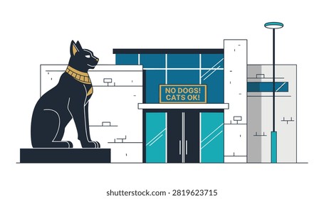 Black Egyptian cat statue stands prominently outside a modern building displaying a humorous sign for no dogs.