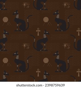 Black egyptian decorated cat shape silhouette sitting. Seamless pattern with manuscripts and egyptian cultural symbols. Vector illustration.