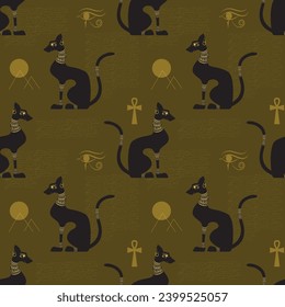 Black egyptian decorated cat shape silhouette sitting. Seamless pattern. Vector illustration.