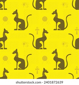 Black egyptian decorated cat shape silhouette sitting. Seamless pattern. Vector illustration.