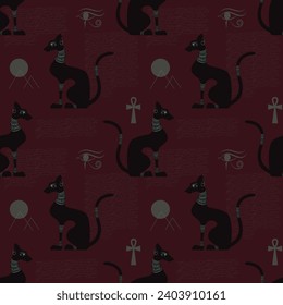 Black egyptian decorated cat shape silhouette sitting. Seamless pattern. Vector illustration.