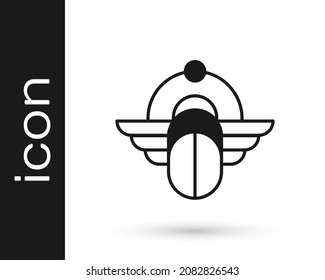 Black Egyptian Scarab icon isolated on white background. Winged scarab Beetle and sun.  Vector