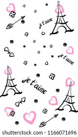 Black eiffel tower, arrow, shapes and texts with around pink hearts. Vector illustration.