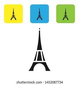 Black Eiffel tower icon isolated on white background. France Paris landmark symbol. Set icons colorful square buttons. Vector Illustration