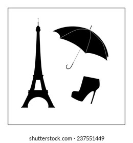 Black Eiffel Tower with Umbrella and Shoe on the White Background
