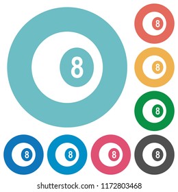 Black eight billiard ball flat white icons on round color backgrounds