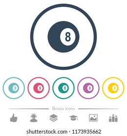 Black eight billiard ball flat color icons in round outlines. 6 bonus icons included.