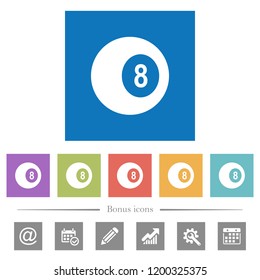 Black eight billiard ball flat white icons in square backgrounds. 6 bonus icons included.