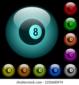 Black eight billiard ball icons in color illuminated spherical glass buttons on black background. Can be used to black or dark templates