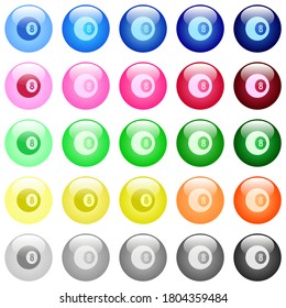 Black eight billiard ball icons in set of 25 color glossy spherical buttons