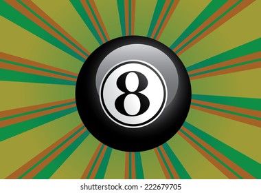 Black eight billiard ball on colorful background with rays.