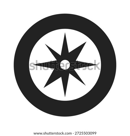 Black eight pointed starburst inside a black circle on white star shape compass rose