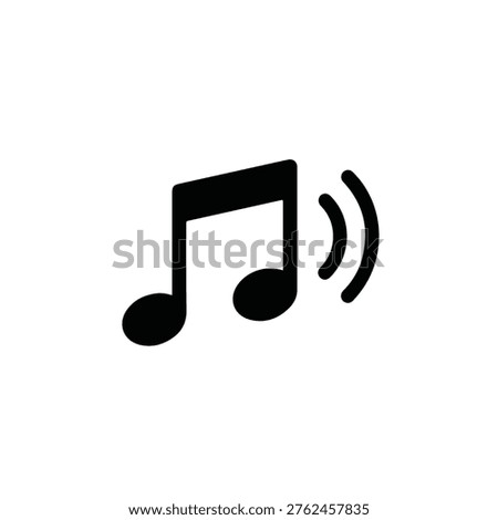 A black eighth note musical symbol with sound wave lines emanating from it on a white background