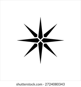 Un símbolo de estrella negra de ocho puntas sobre un fondo blanco, que representa una rosa de la brújula o un elemento de navegación.
