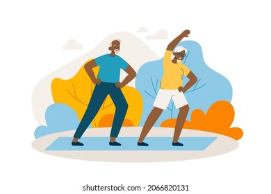 Black Elderly Couple Doing Yoga In Park. Happy Aged Man And Woman Doing Exercises Outdoors. Active Retirement, Sport And Healthy Lifestyle Concept. Modern Flat Vector Illustration