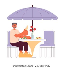Black elderly guy at patio dining restaurant 2D cartoon character. African american old bearded man eating dinner isolated vector person white background. Toasting glass color flat spot illustration