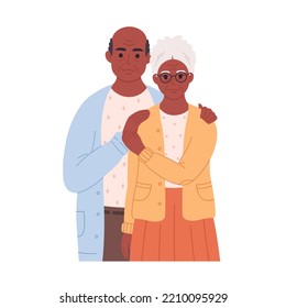 Black Elderly Love Couple Hugging. Smiling Grandpa And Granny. Retired Man And Woman. Older Couple Portrait. Hand Drawn Vector Illustration