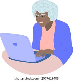 Black Elderly Woman, Grandmother With Computer, Laptop Sitting In Chair At Home. Vector Illustration