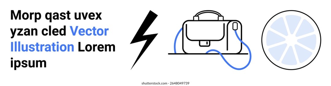 Parafuso elétrico preto, pasta de couro com cordão azul, elemento tecnológico futurista circular. Ideal para blogs de tecnologia, apresentações comerciais, materiais educacionais, embalagem de produtos, marketing