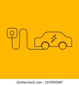 Icono de carga de enchufe eléctrico y auto eléctrico negro aislado en fondo amarillo.